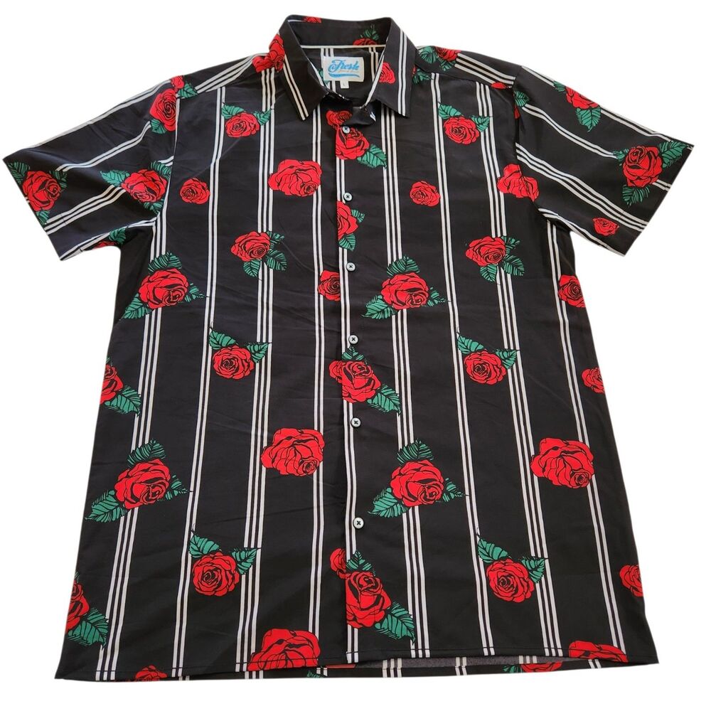 Fresh Prints of Bel-Air Mens L Black Red Rose Button Up Short Sleeve Shirt